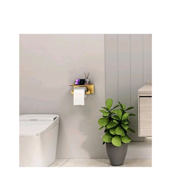 Stainless Steel Toilet Paper Holder with Shelf, Brushed Gold Wall Mount 2 Pack - Picture 3 of 8